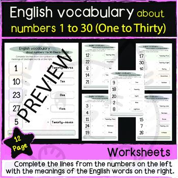 Preview of English vocabulary about numbers 1 to 30/1st Grade to up/Homeschool