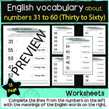 Preview of English vocabulary about numbers 31 to 60/1st Grade to up/Homeschool