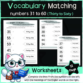 Preview of Vocabulary Matcing numbers 31 to 60/1st Grade to up/Homeschool