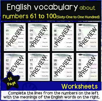 Preview of English vocabulary about numbers 61 to 100/1st Grade to up/Homeschool