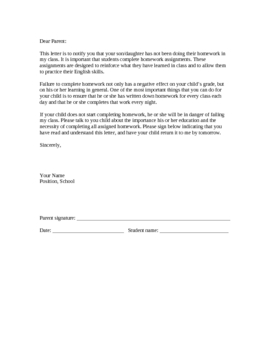 no homework letter to teacher