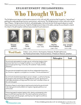 Enlightenment Philosophers Matching Worksheet by Oasis EdTech TPT