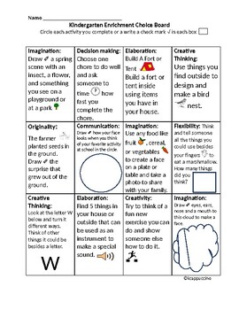 Preview of Enrichment Kindergarten Choice Board (12 Engaging Activities for School or Home)