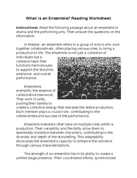 Preview of Ensemble in Theater & Performing Arts Reading Worksheet **Editable**