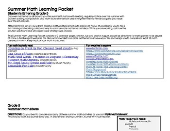 Preview of Entering Fifth Grade Summer Math Calendar!