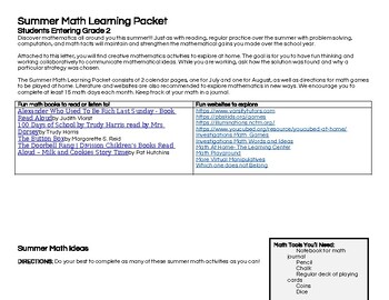 Preview of Entering Second Grade Summer Fun Math Calendar!