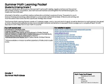 Preview of Entering Seventh Grade Math Summer Fun Calendar!
