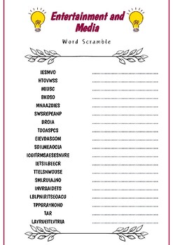 Entertainment and Media : Word Scramble Challenge Worksheet Exercise