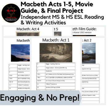 Preview of Huge No Prep Macbeth Acts 1-5 Pack + Film Guide + Bonus Middle & High School ESL