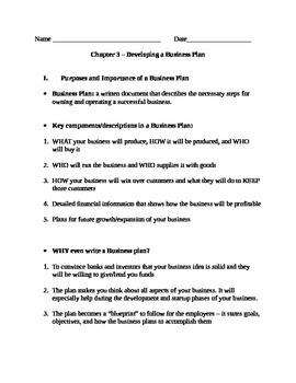 Preview of Entrepreneurship - Chapter Notes and Test - Developing a Business Plan
