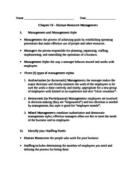 Preview of Entrepreneurship - Chapter Notes and Test - Human Resource Management