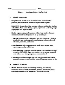 Preview of Entrepreneurship - Chapter Notes and Test - Identify and Meet a Market Need