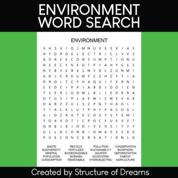 environment word search puzzle worksheet printable by structureofdreams