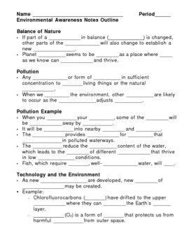 Preview of Environmental Awareness Notes Outline Lesson Plan