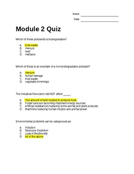 Preview of Module 2: Quiz Answer Key - Environmental Science 