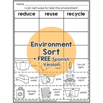 Preview of Reduce Reuse Recycle Sort Interactive Worksheet Activity + FREE Spanish