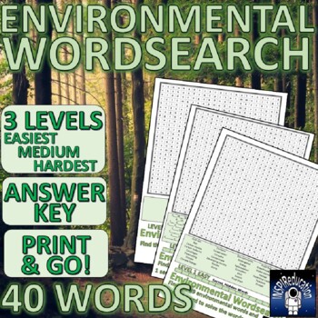 Preview of Environmental Word search - 3 levels of complexity, Answer Key, 40 Words to find