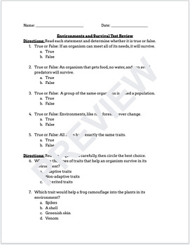 Preview of Environments and Survival Test Review