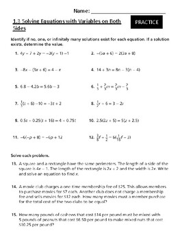 Envision Algebra 1.3 Solving Equations with Variables on Both Sides Worksheet