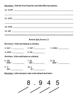 Envision Math Quiz Bundle Topics 1, 2, 3 Grade 5 - 9 Lesson Quizzes total