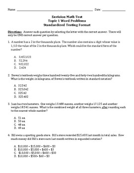Envision Math Topic 1 Test 5Th Grade Word Problems Standardized Test Format