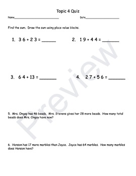 Preview of Envisions Math Topic 4 Quiz Second Grade