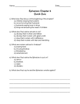 Preview of Ephesians Chapter 6 Quick Quiz