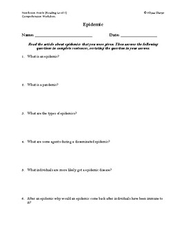 Preview of Epidemic Article (Reading Level 1) Comprehension Worksheet