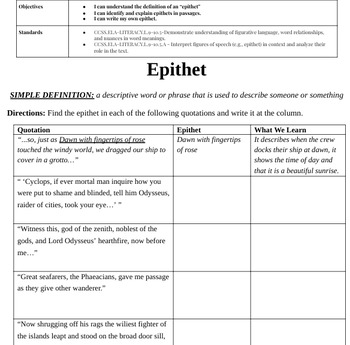 Preview of Epithet Practice Handout & Assignment