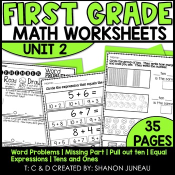 Preview of Equal Expressions, Word Problems, Missing Addends 1st Grade Math Worksheets