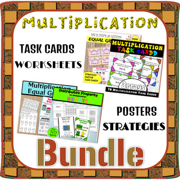 Preview of Equal Groups & Distributive Property Multiplication Worksheets Task Cards Poster