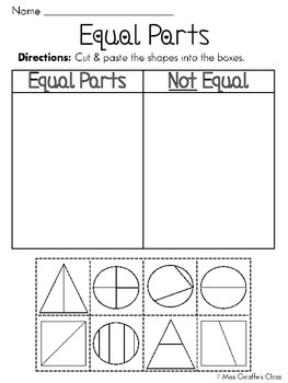 Equal Parts of a Fractions Worksheets Miss Giraffe | TPT