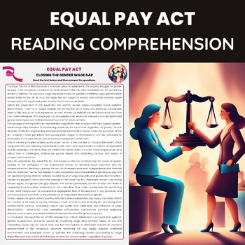 Preview of Equal Pay Act Reading Passage for Women History Month |  Womens Rights Advocacy