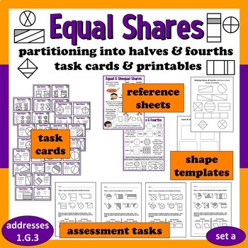 Preview of Equal Shares - partitioning into halves/fourths task cards & printables (set a)