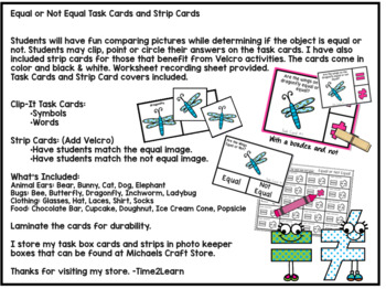 Equal or Not Equal: Picture Clip Cards and Strip Cards by Time2Learn