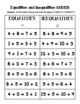 Equalities Inequalities Sorting Center and Sheet - Math Center!