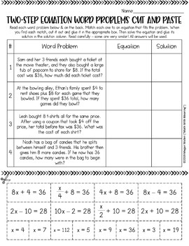 Equation Word Problems Cut And Paste Worksheet E Step