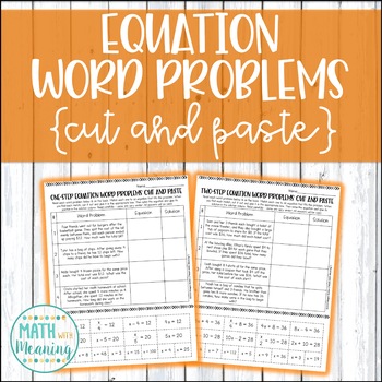 Preview of Equation Word Problems Cut and Paste Worksheet Activity One-Step and Two-Step