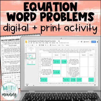 Preview of Equation Word Problems Digital and Print Activity for Google Drive and OneDrive