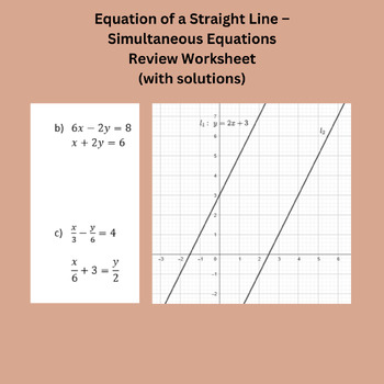 Preview of Equation of a Straight Line – Simultaneous Equations Review Worksheet (with solu