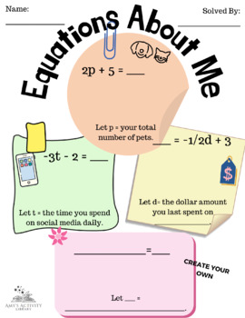 Preview of All About Me: Algebraic Equations; Evaluate and Solve Partner Task FREEBIE