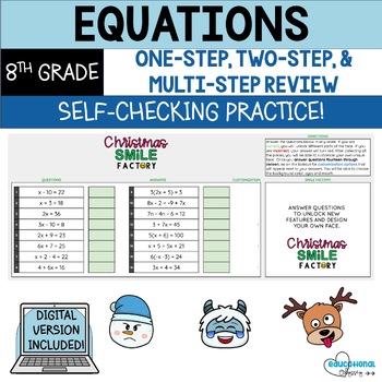 Preview of Equations - Christmas Smile Factory Self Checking Google Digital Activity