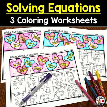 Preview of Equations Coloring Worksheets (Two-Step, Multi-Step, & Variables on Both Sides)