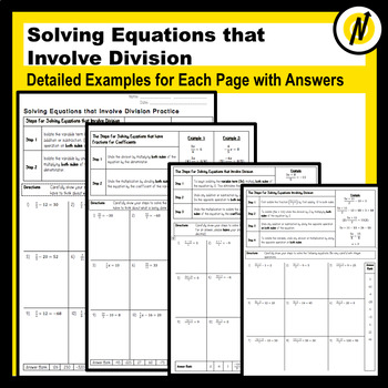 Preview of Equations Involving Division: 6 Sheets with Detailed Examples and Answers