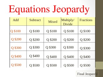 Preview of Equations Jeopardy g@me