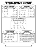 Equations Menu Project (with Rubric and Answer Key)