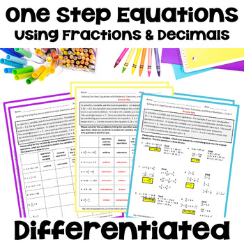 One Step Equations with Fractions and Decimals Differentiated Worksheets