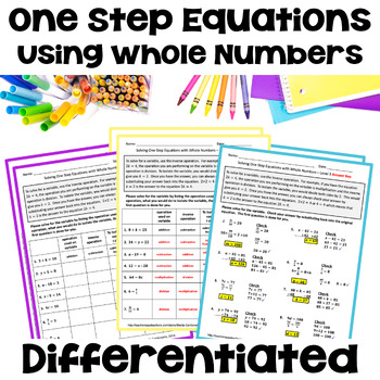 Preview of One Step Equations with Whole Numbers Worksheets - Differentiated