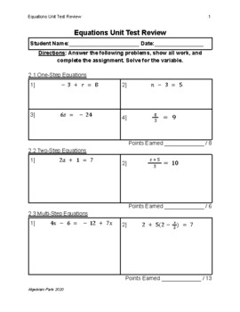 Preview of Equations Unit Test Review