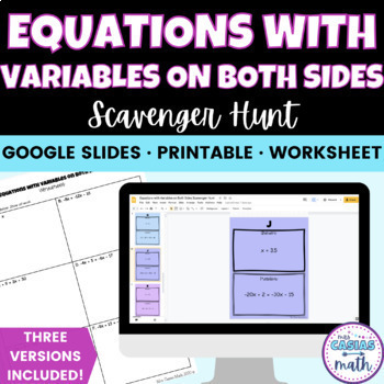 Equations Variables on Both Sides Scavenger Hunt Digital Activity & Worksheet